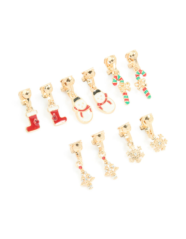 Kids Gold Stocking & Snowman Clip On Earrings 6-Pack