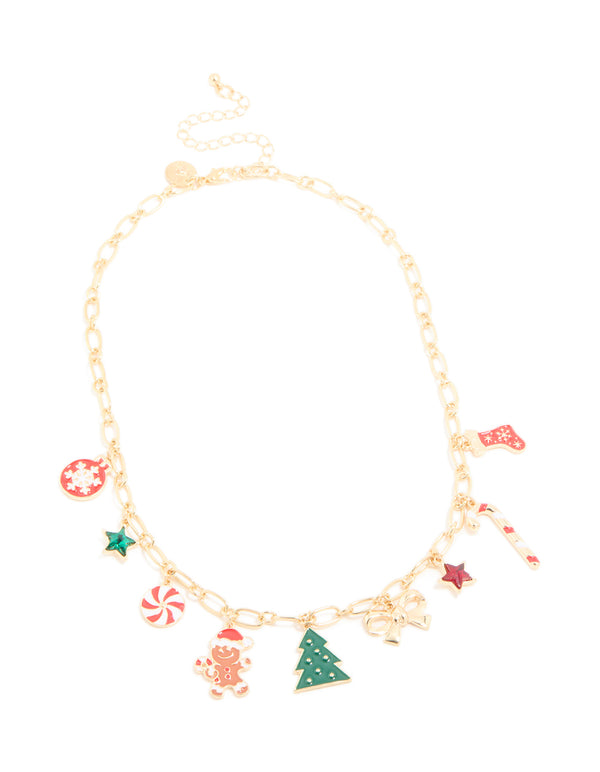 Kids Gold Gingerbread Man & Candy Cane Charm Necklace