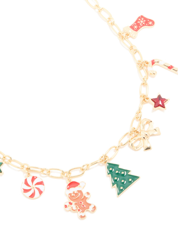 Kids Gold Gingerbread Man & Candy Cane Charm Necklace