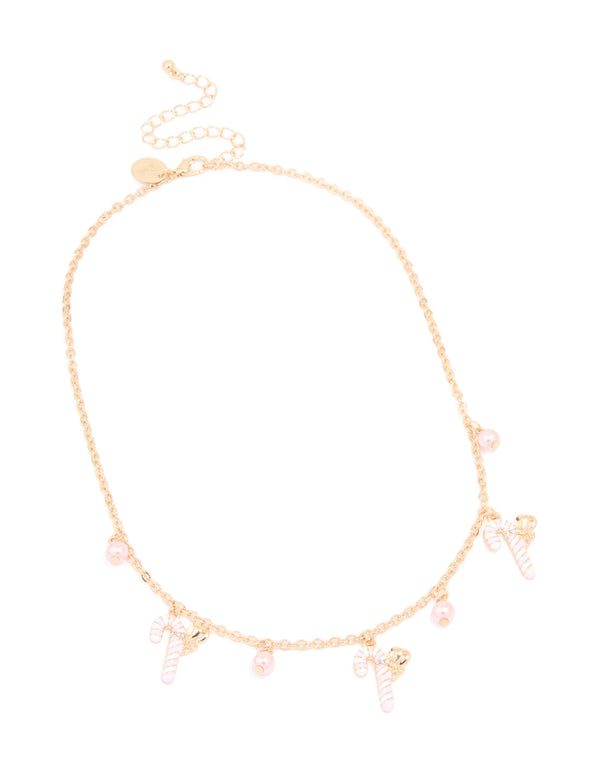 Kids Gold Pink Bead & Candy Cane Charm Necklace