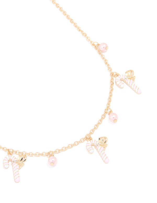 Kids Gold Pink Bead & Candy Cane Charm Necklace