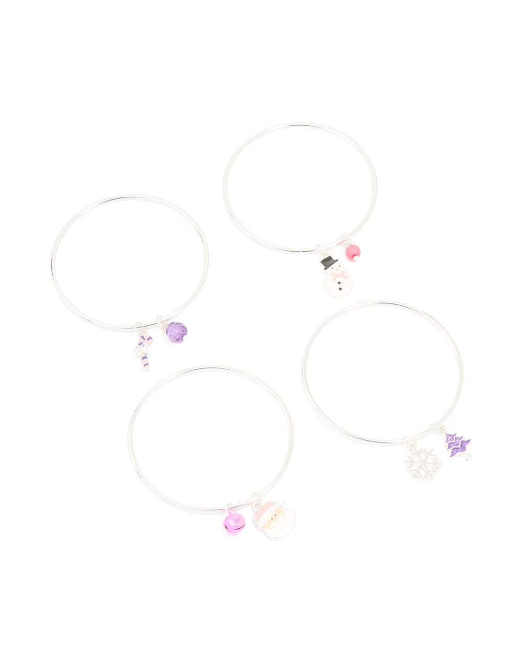 Kids Silver Purple Candy Cane & Santa Bangles 4-Pack
