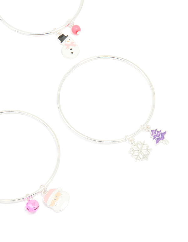Kids Silver Purple Candy Cane & Santa Bangles 4-Pack