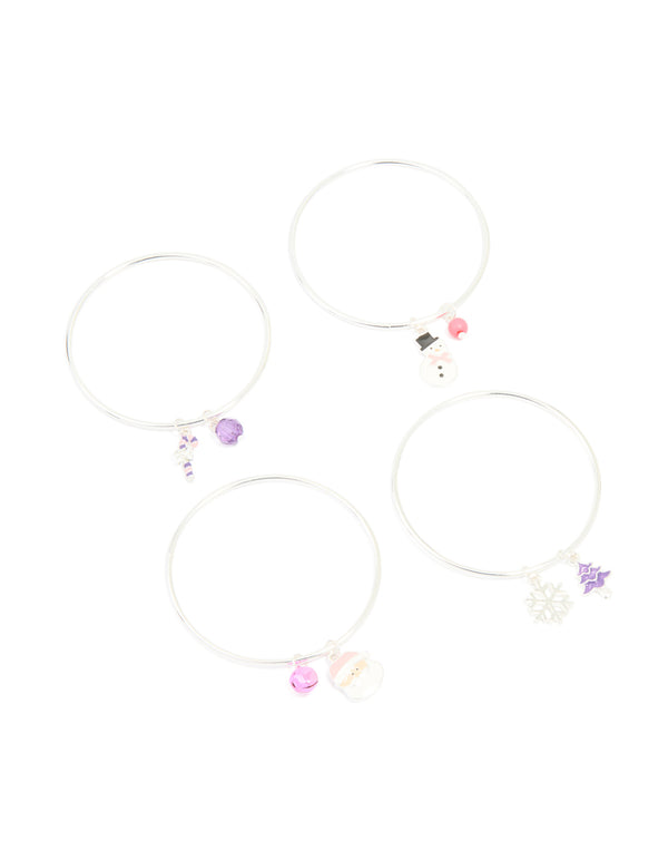 Kids Silver Purple Candy Cane & Santa Bangles 4-Pack