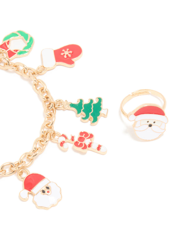 Kids Gold Santa Ring & Festive Charm Bracelet Pack