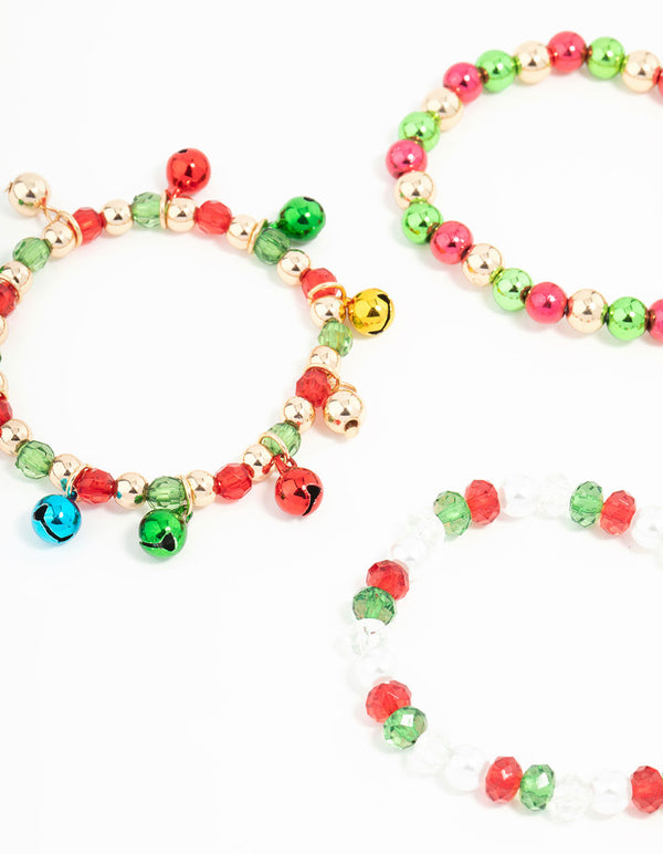 Kids Beaded Jingle Bell & Present Stretch Bracelets 4-Pack