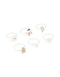 Kids Silver Gingerbread Man & Snowflake Adjustable Rings 6-Pack - link has visual effect only
