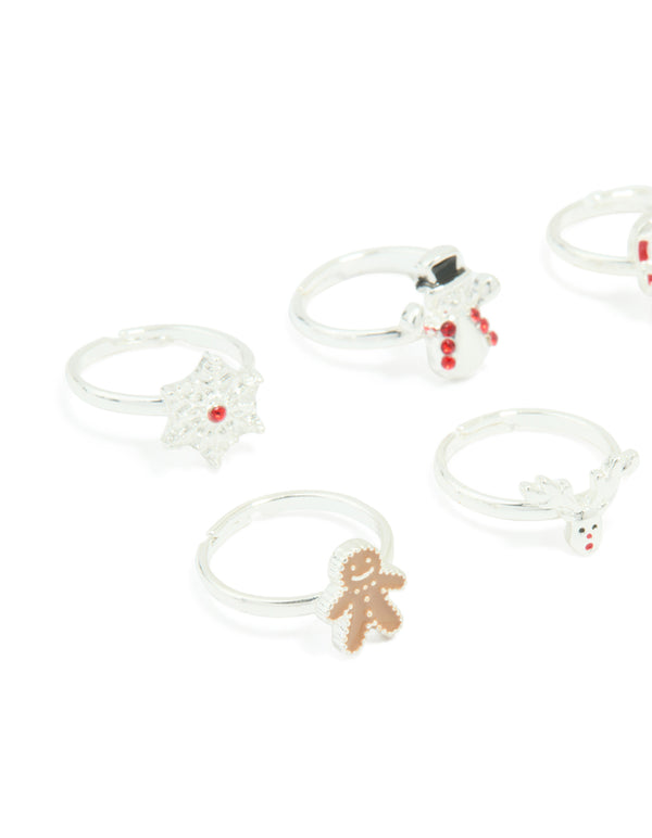 Kids Silver Gingerbread Man & Snowflake Adjustable Rings 6-Pack