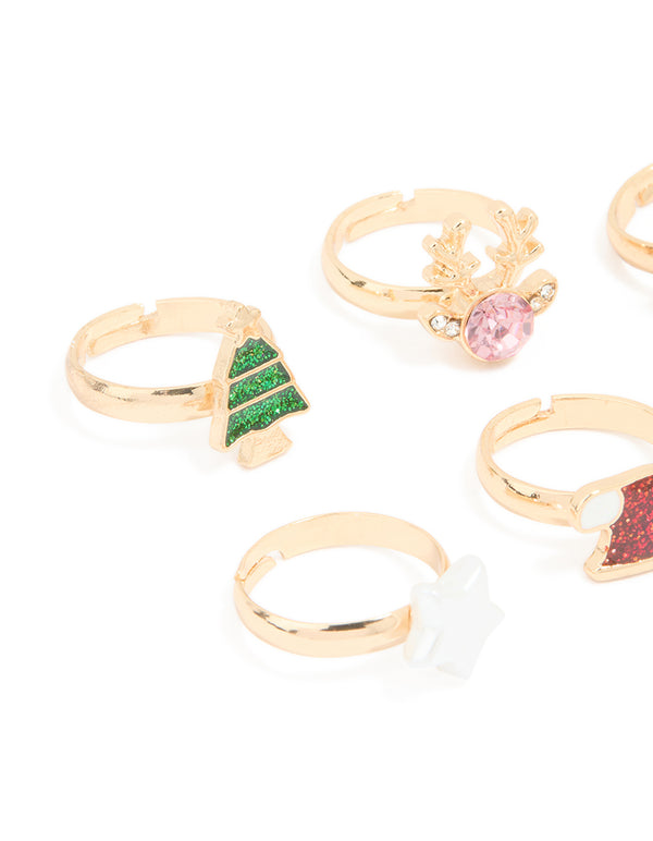 Kids Reindeer & Gold Star Rings 6-Pack