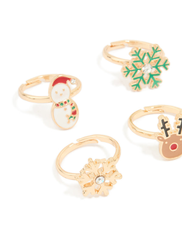 Kids Gold Snowman & Reindeer Rings 6-Pack