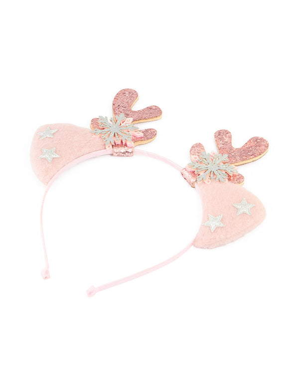 Kids Pink Snowflake & Reindeer Antler Headband