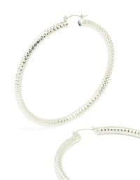 Silver Criss Cross Textured Medium Hoop Earrings - link has visual effect only