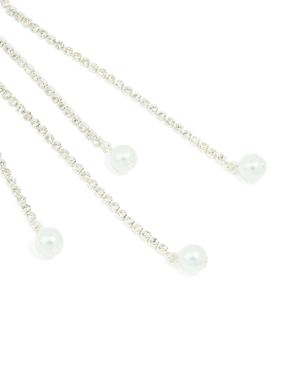 Silver Diamante Cup Chain Pearl Double Drop Earrings