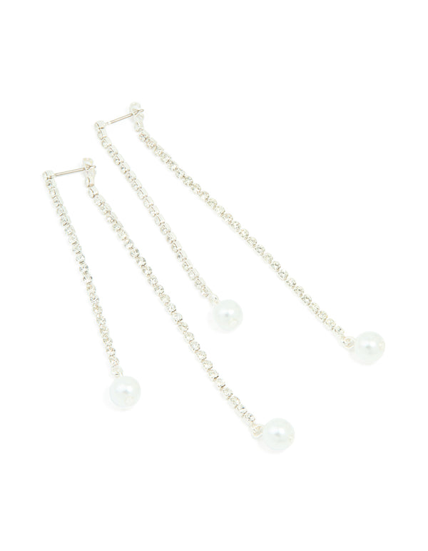 Silver Diamante Cup Chain Pearl Double Drop Earrings