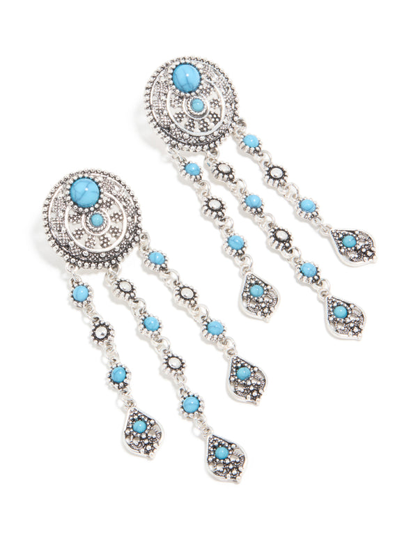 Antique Silver Blue Circle Drop Earrings