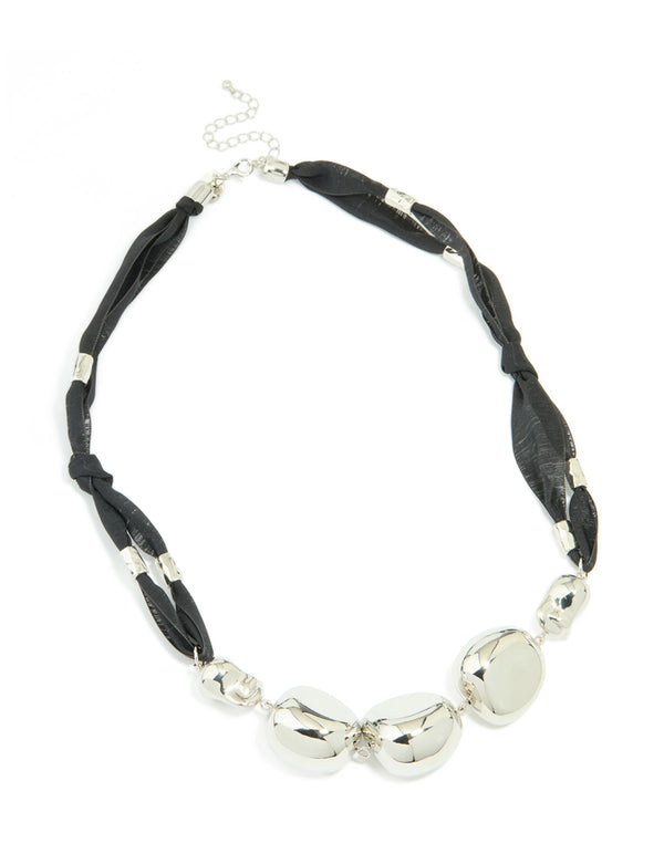 Silver Black Cord Fabric Orb Necklace