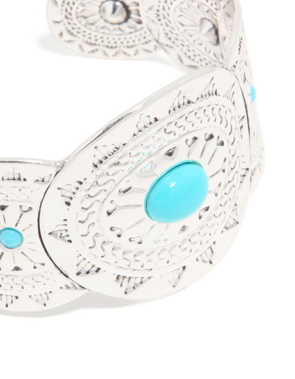 Antique Silver Blue Circle Molten Wrist Cuff