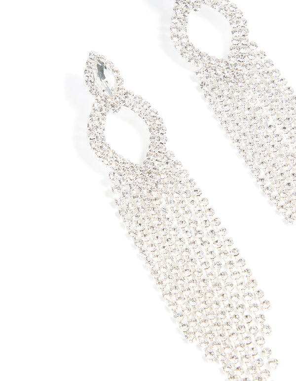 Silver Diamante Pear Tassel Drop Earrings