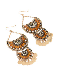 Crafted in antique gold with orange diamante charm statement drop earrings featuring floral design front view - link has visual effect only