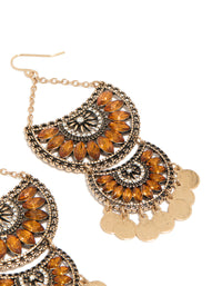 Showcasing antique gold orange diamante statement charm drop earrings featuring floral accents post detail view - link has visual effect only