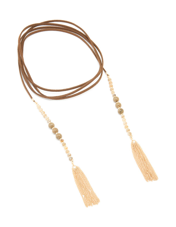 Gold Brown Suede Wrap Tassel Long Necklace