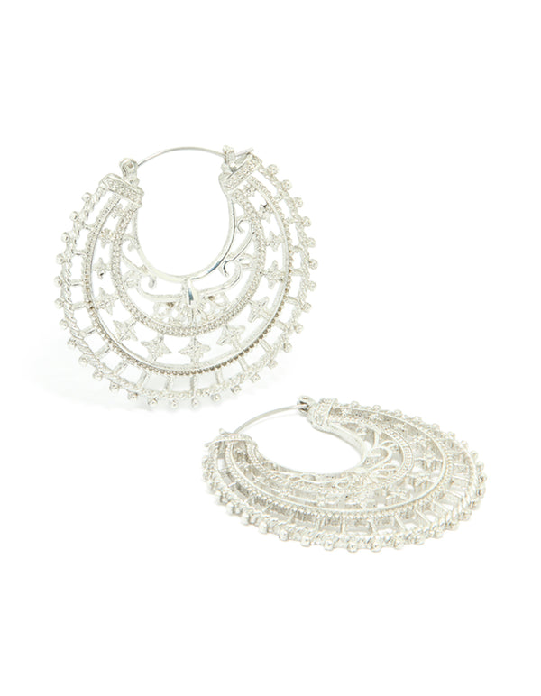 Antique Silver Boho Decorative Hoop Earrings