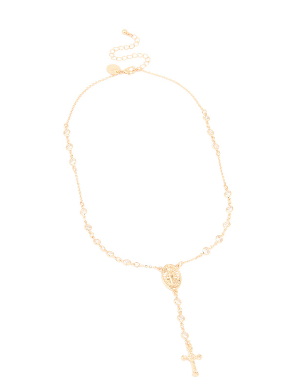 Gold Plated Cubic Zirconia Cross Rosary Y-Necklace