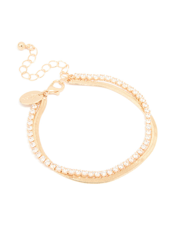 Gold Cubic Zirconia Snake Chain Layered Bracelet