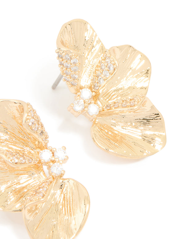 Gold Cubic Zirconia Flower Stud Earrings