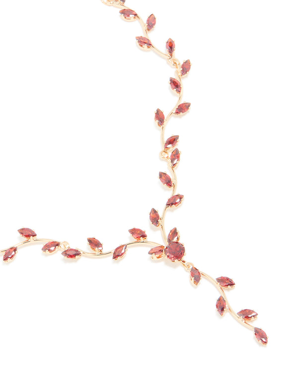 Gold Red Cubic Zirconia Vine Y-Necklace