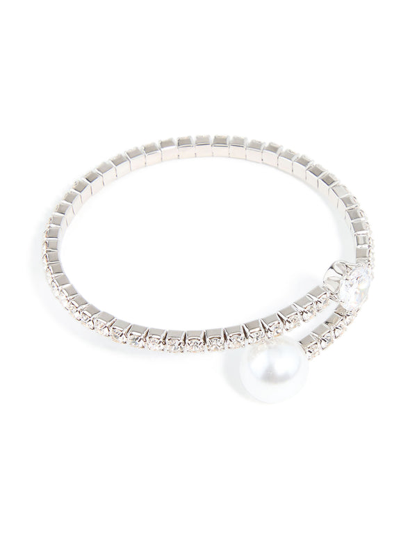 Silver Cubic Zirconia Round Pearl Wrist Cuff
