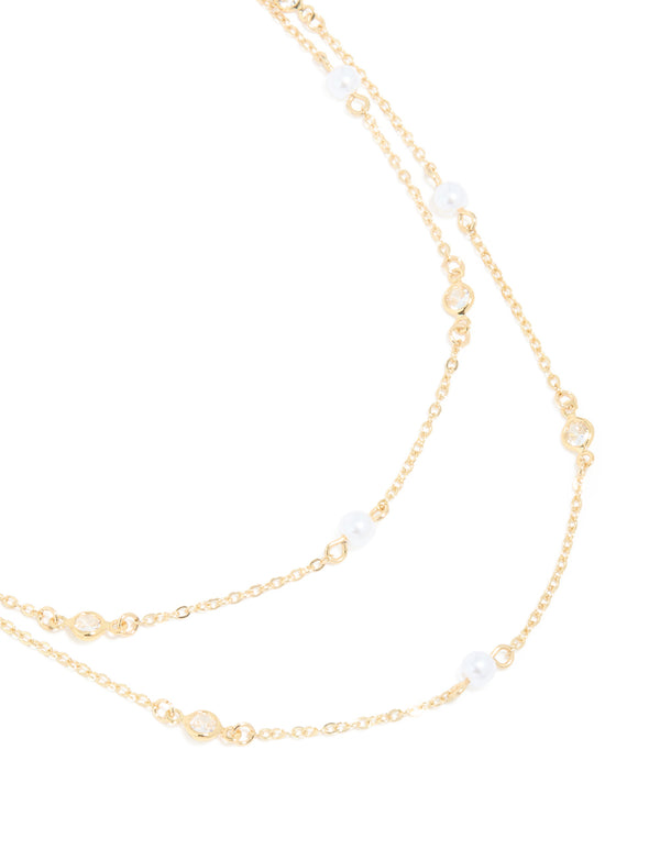Gold Plated Cubic Zirconia & Pearl Layered Necklace