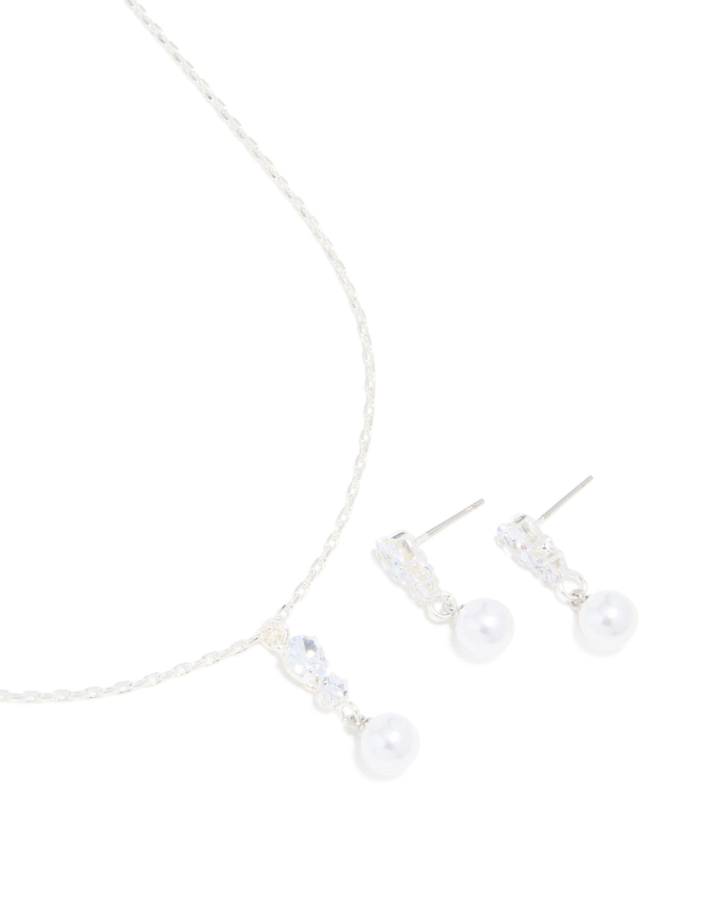 Silver Plated Cubic Zirconia Pearl Teardrop Earrings & Necklace Set