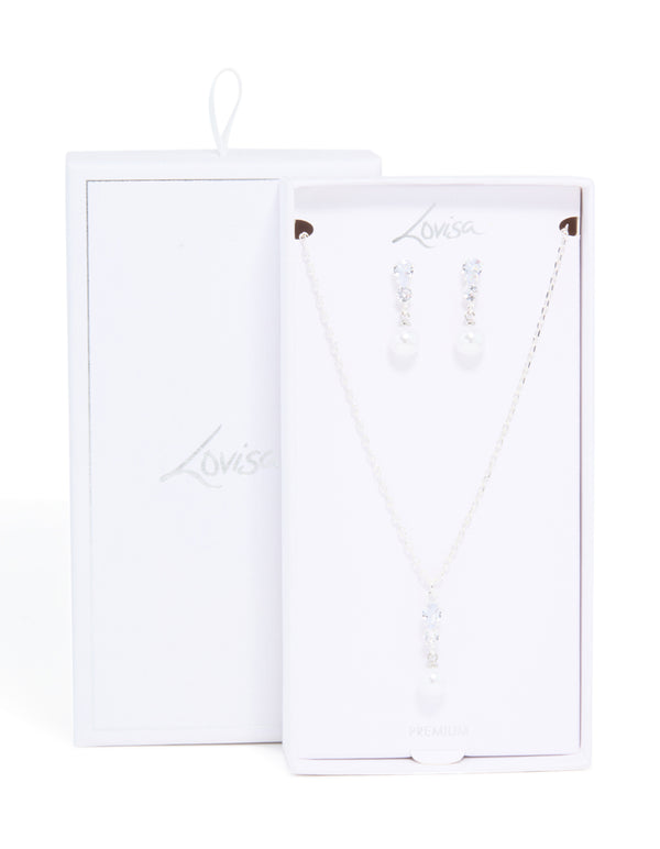 Silver Plated Cubic Zirconia Pearl Teardrop Earrings & Necklace Set