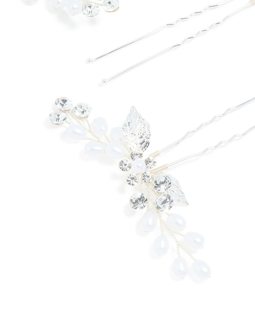 Silver Plated Cubic Zirconia Pearl Laurel Spray Flower Hair Clips 3-Pack