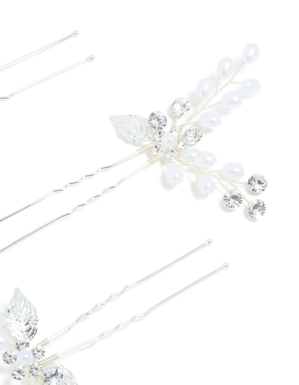 Silver Plated Cubic Zirconia Pearl Laurel Spray Flower Hair Clips 3-Pack
