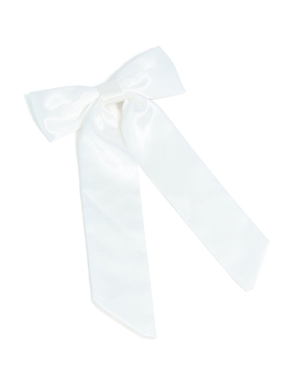 Silver Plated White Shiny Fabric Long Bow