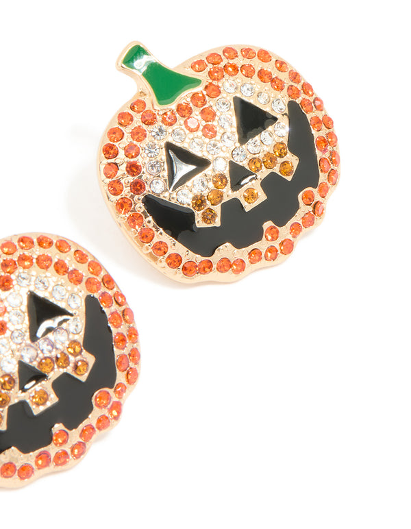 Gold Diamante Pumpkin Stud Earrings