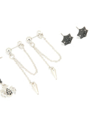 Silver Black Diamante Spider & Cross Stud Earrings 4-Pack - link has visual effect only