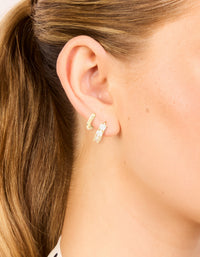 Gold Plated Brass Cubic Zirconia Baguette & Smooth Mini Huggie Earrings Pack - link has visual effect only