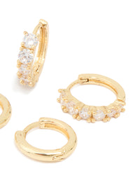 Gold Plated Brass Cubic Zirconia Baguette & Smooth Mini Huggie Earrings Pack - link has visual effect only