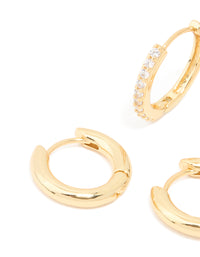 Gold Plated Brass Cubic Zirconia Thin Medium Huggie Earrings Pack - link has visual effect only