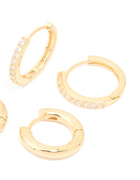 Gold Plated Brass Cubic Zirconia Thin Medium Huggie Earrings Pack - link has visual effect only