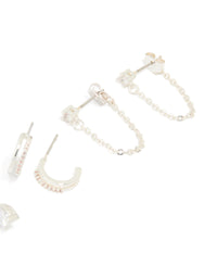 Silver Plated Brass Cubic Zirconia Heart Huggie & Stud Earrings 4-Pack - link has visual effect only