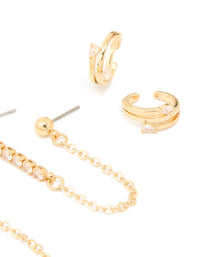 Gold Plated Brass Cubic Zirconia Chain Earrings & Ear Cuffs 3-Pack - link has visual effect only