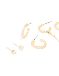 Gold Plated Brass Cubic Zirconia Hoop & Chain Earrings 3-Pack - link has visual effect only