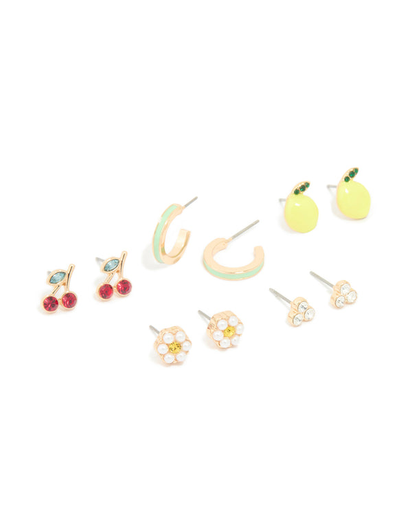 Gold Freshwater Pearl & Fruit Stud Earrings 5-Pack