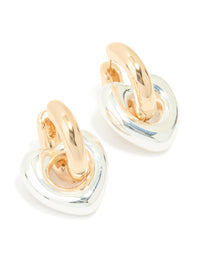 Mixed Metal Heart Drop Huggie Earrings - link has visual effect only