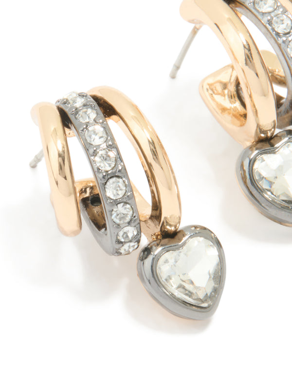 Mixed Metal Heart Diamante Triple Hoop Earrings