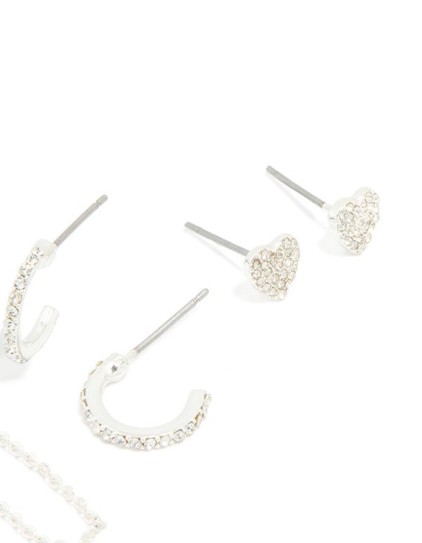 Silver Diamante Heart Hoop & Chain Earrings 3-Pack